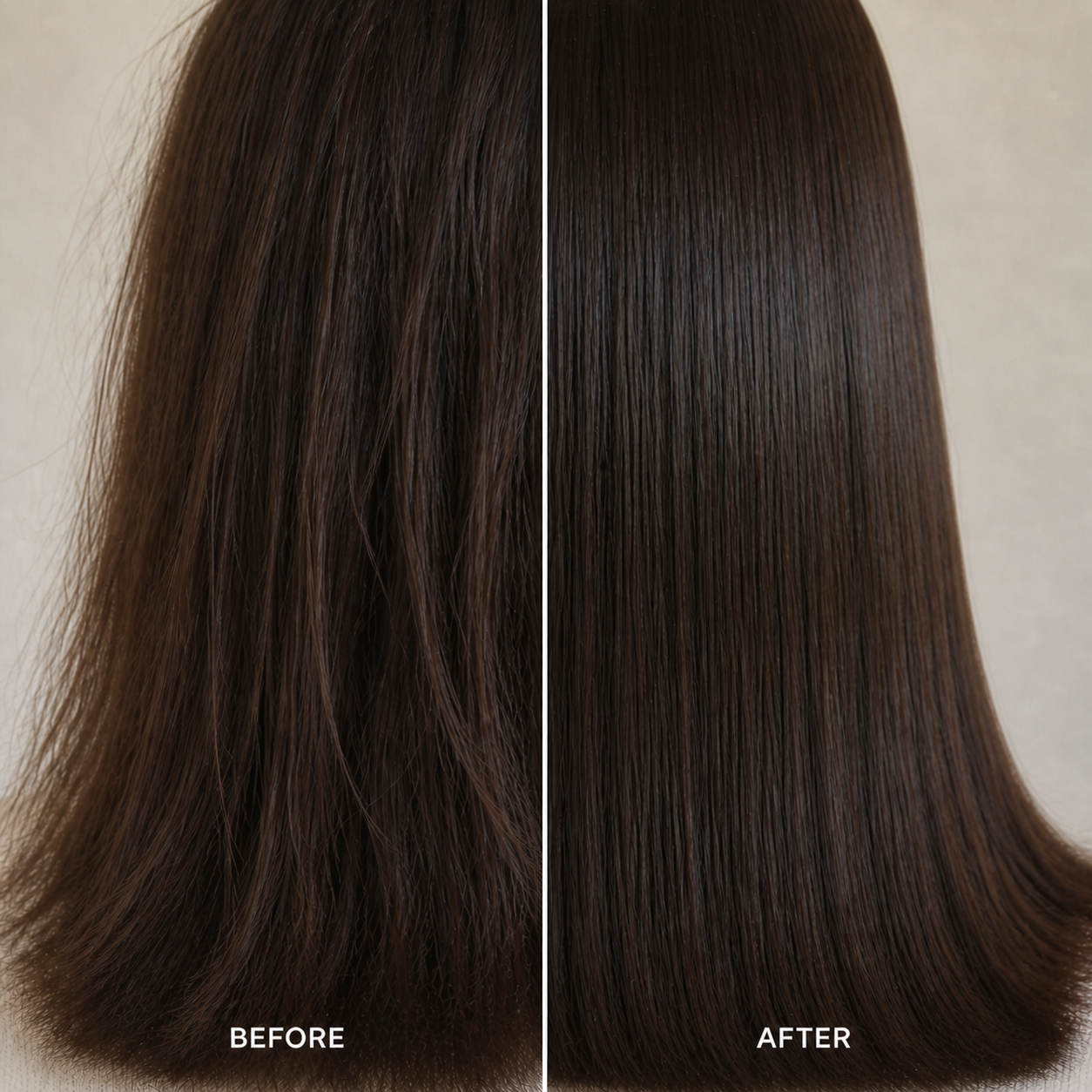 Before and after: frizzy damaged hair transformed to smooth, glossy strands